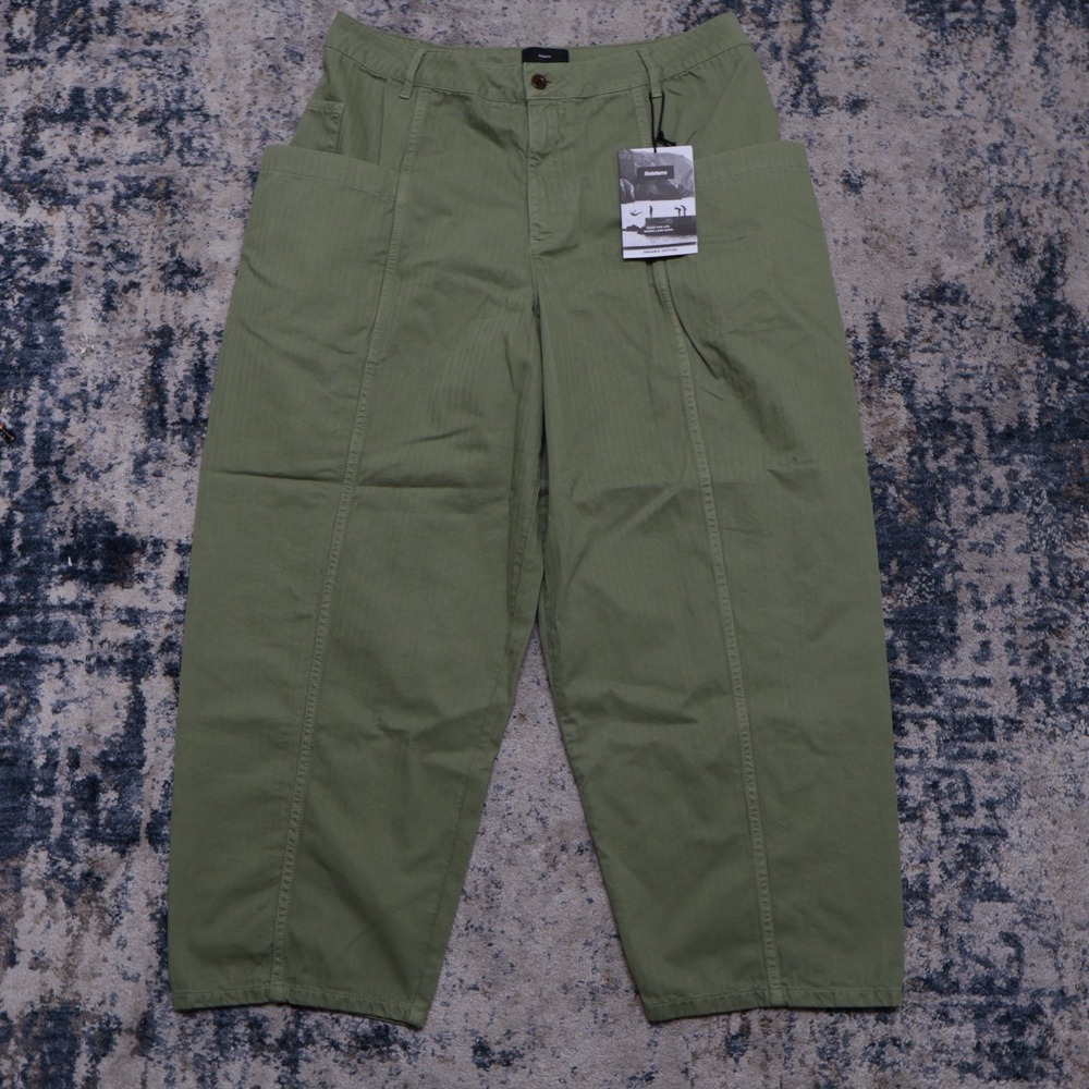 NWT Finisterre Croft Barrel Trouser Womens 34R High Waisted Tapered Canvas Green